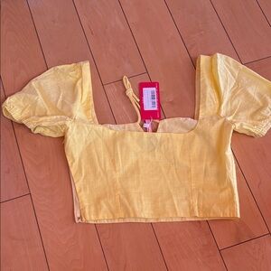 bec + bridge Yellow Puff Sleeve Square Neck Crop Top